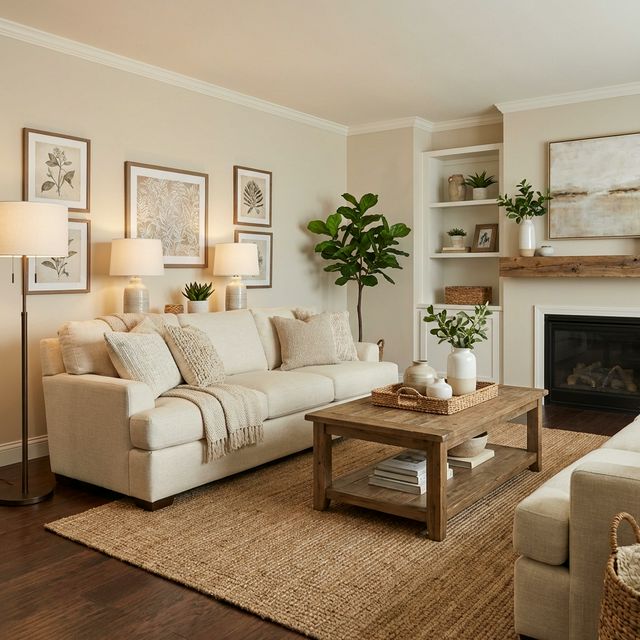 Living room after staging — warm, inviting with curated furniture