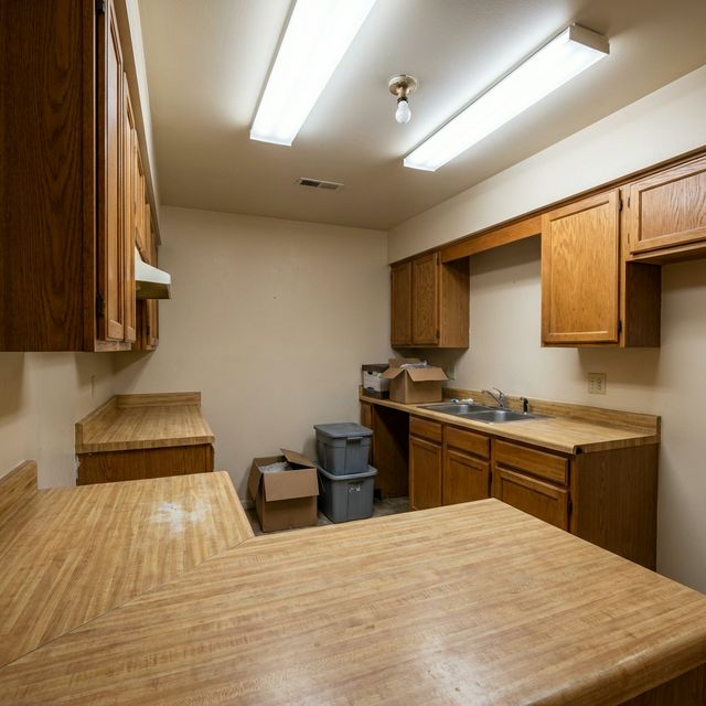 Kitchen before staging — dated finishes, cluttered countertops