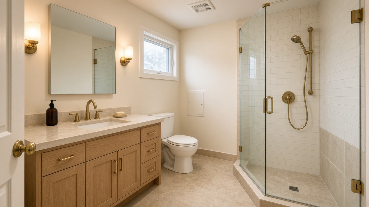 A compact renovated Winnipeg bungalow bathroom with a warm oak vanity, porcelain floor, winter light in a small window, and a visible exhaust fan