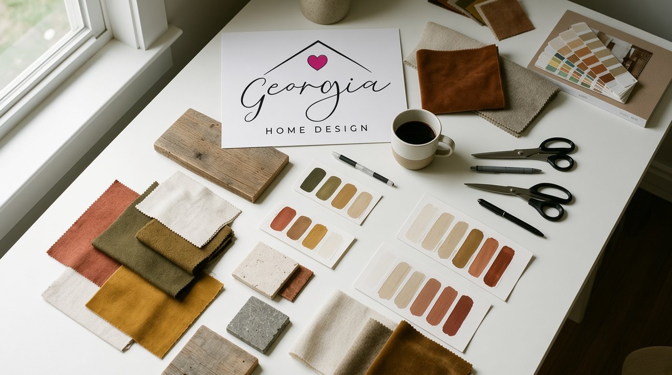Georgia Home Design studio mood board with the brand mark and material samples