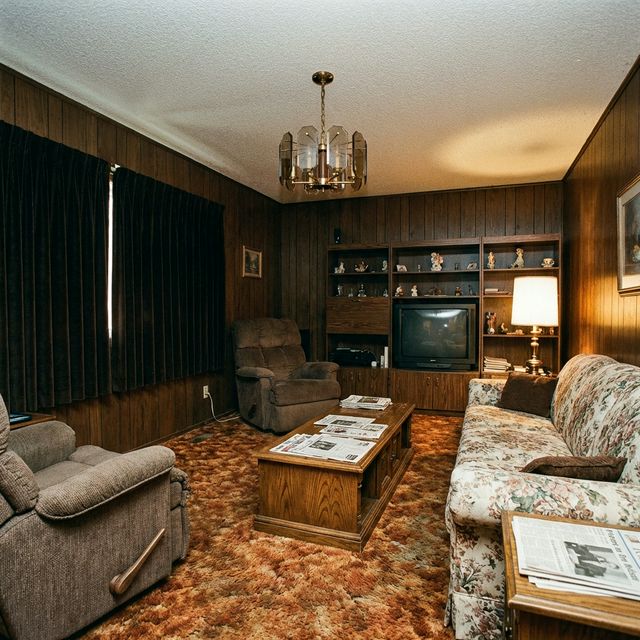 Dated living room with dark wood paneling and orange shag carpet