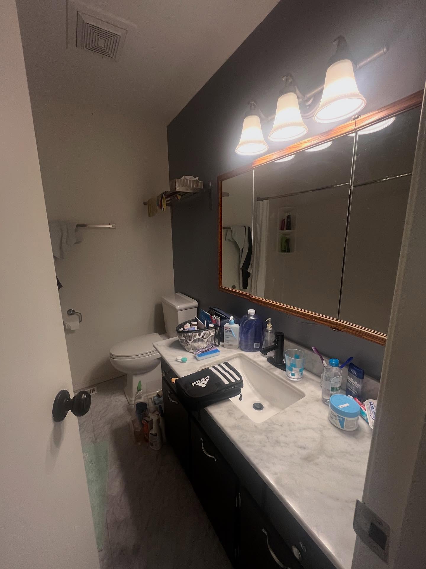 Bathroom before renovation, with a dark vanity, wood-framed medicine cabinet, and a charcoal accent wall