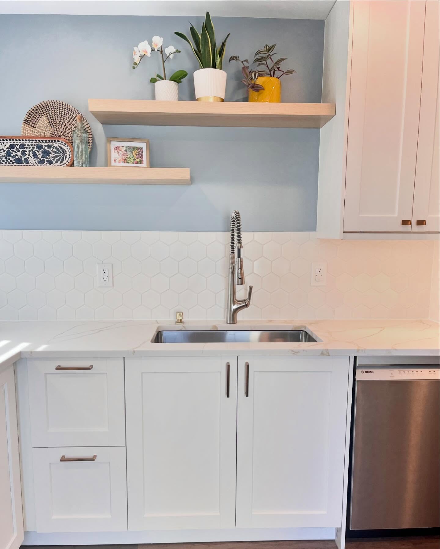 Project Daisy sink wall with white hexagon tile, dusty blue paint, and a stainless dishwasher