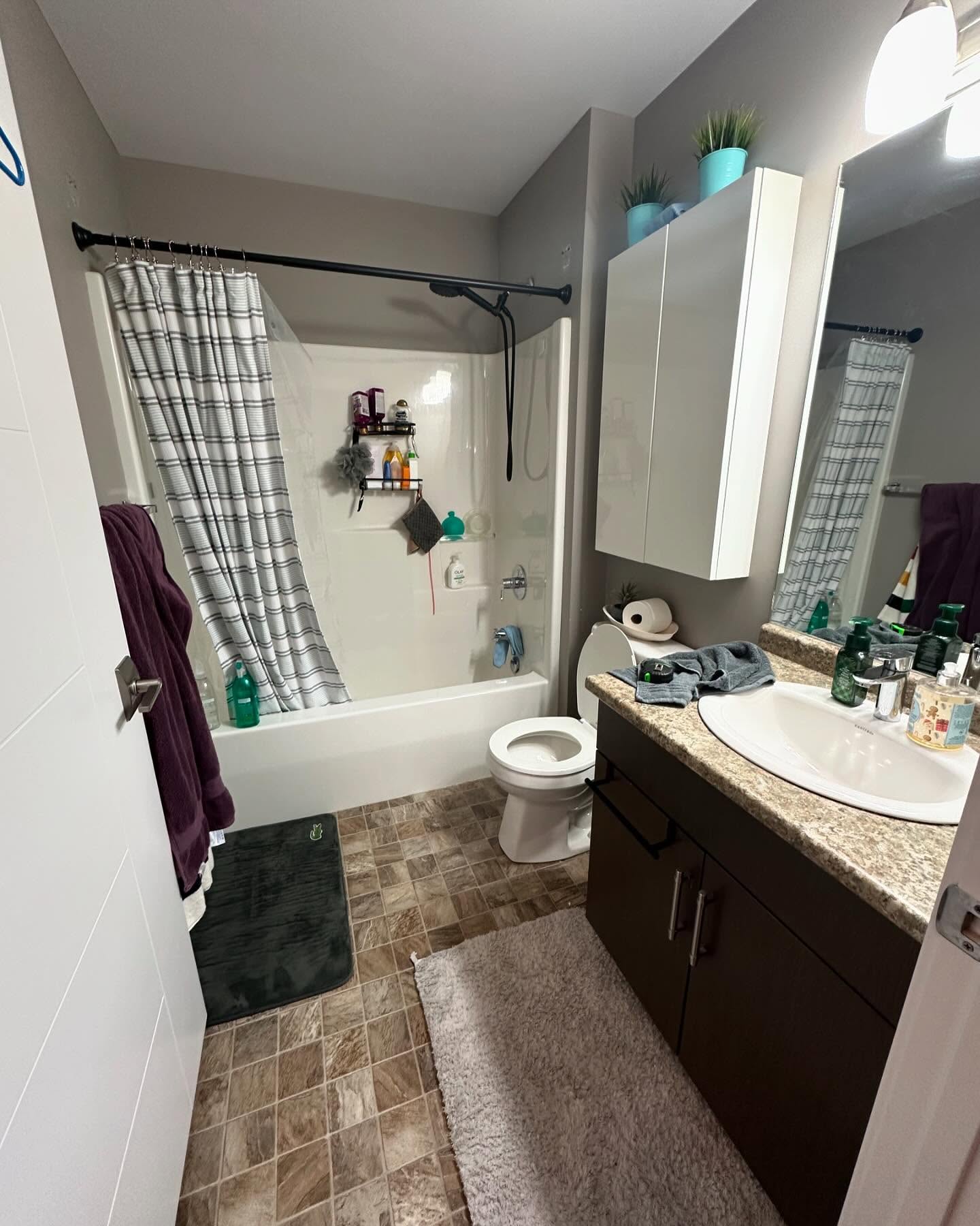 Project Lotus bathroom before renovation with a dark vanity, speckled counter, and tan flooring