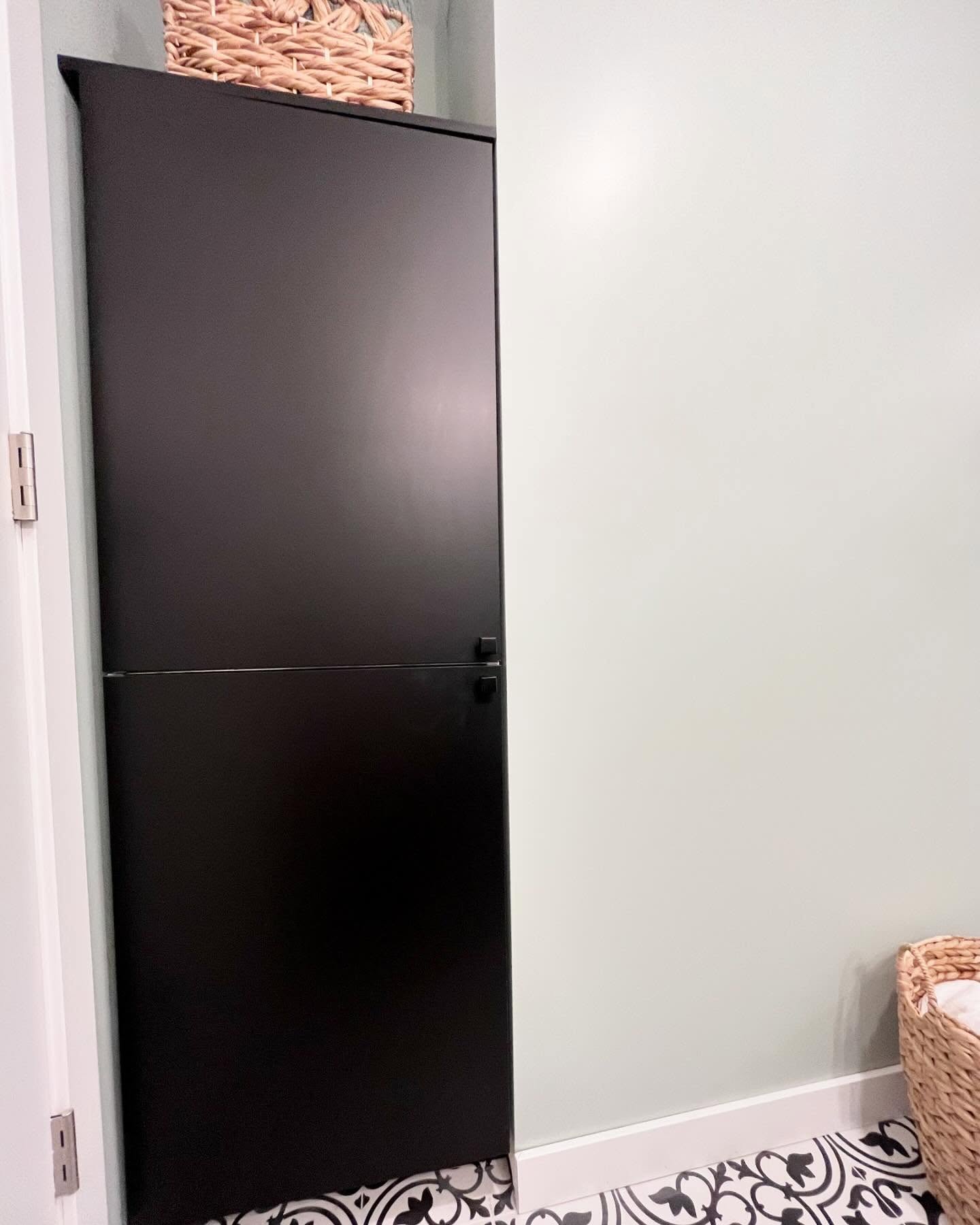 Project Peony storage cabinet on patterned bathroom floor tile
