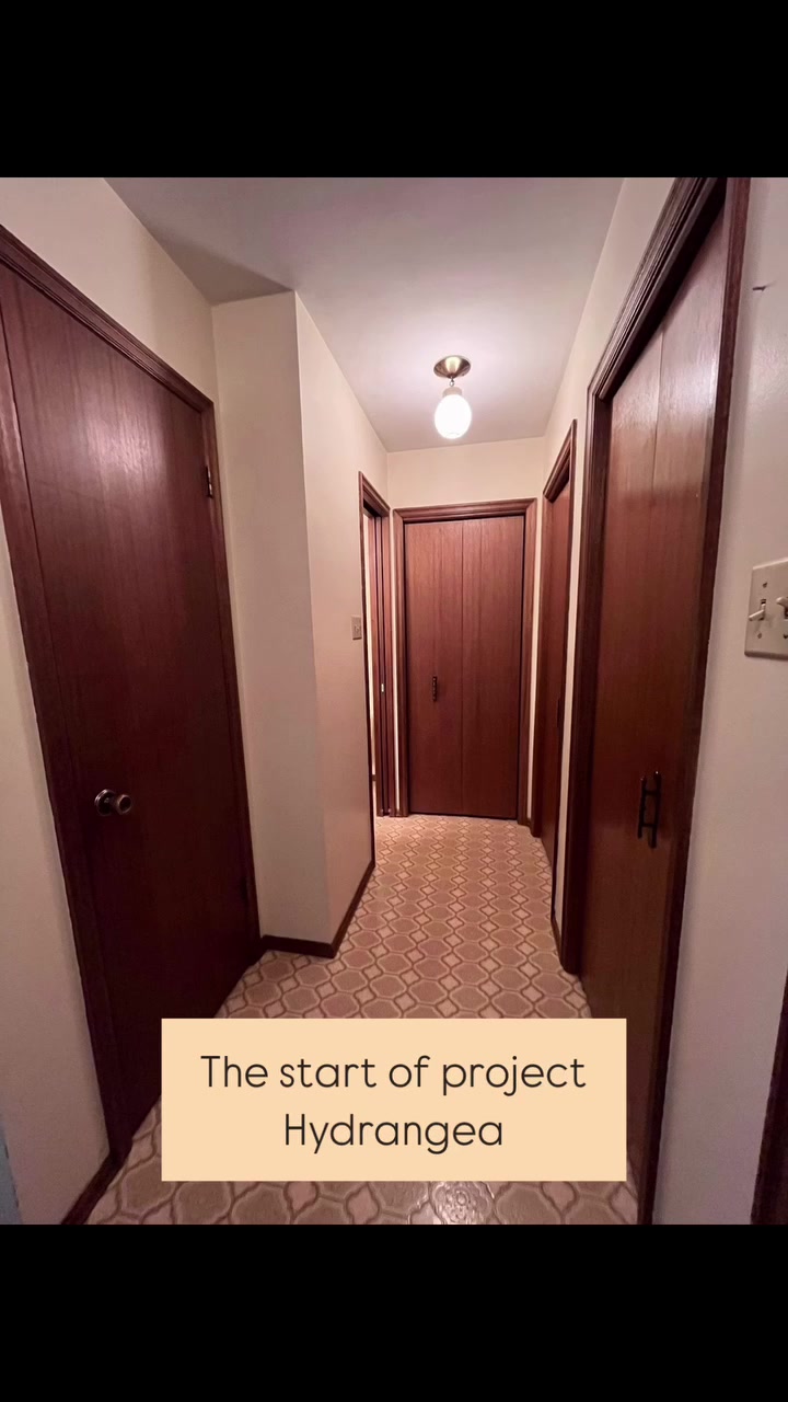 Hallway with patterned vinyl flooring and dark wood doors before the Hydrangea renovation