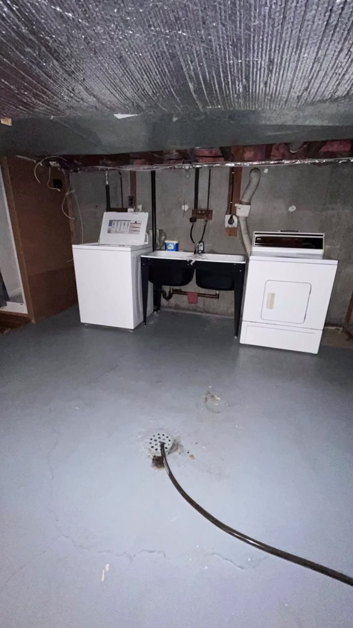 Existing Hydrangea laundry area with a utility sink, washer, dryer, and exposed ceiling insulation